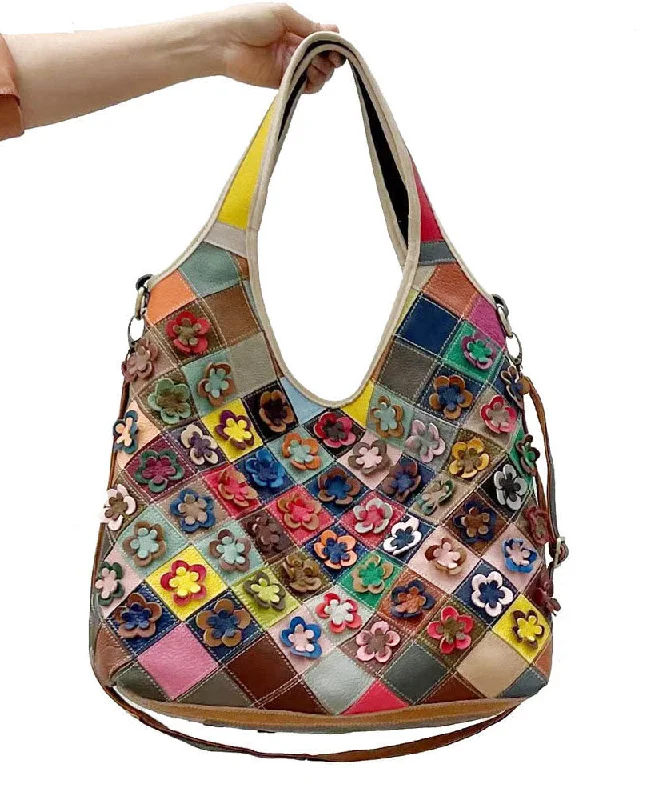 Stylish Multi Color Plaid Floral Patchwork Zippered Calf Leather Satchel Handbag