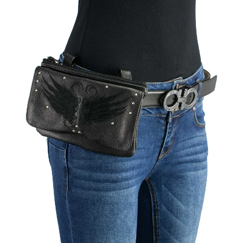 Milwaukee Leather MP8850 Ladies ‘Winged’ Black Leather Multi-Pocket Belt Bag