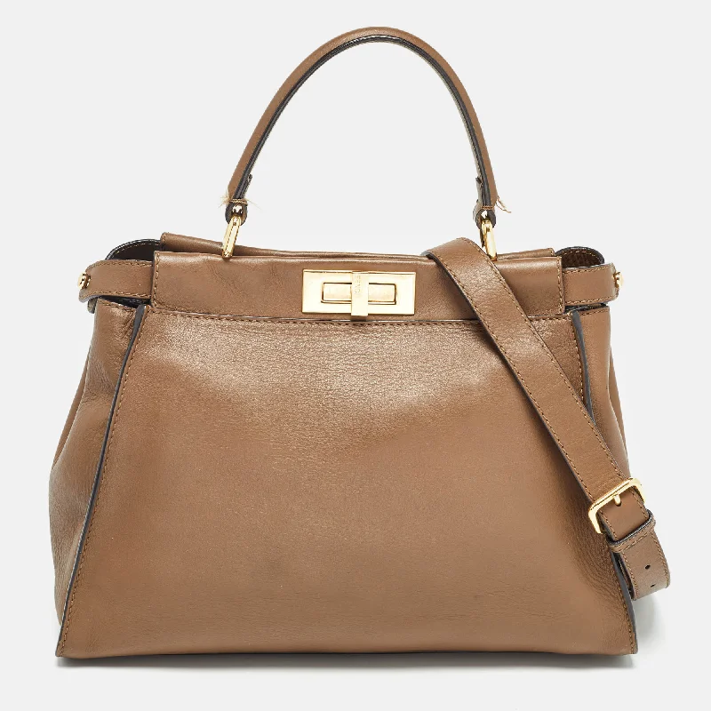 Fendi Brown Leather Medium Peekaboo Top Handle Bag..