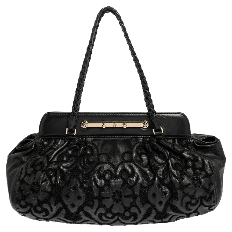 Valentino  Leather Floral Embroidered Frame Satchel