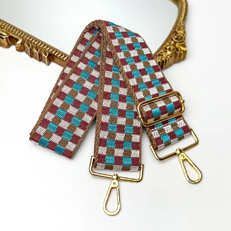 Checkered Adjustable Purse Strap in Brown and Blue