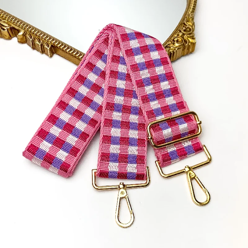 Checkered Adjustable Purse Strap in Pink, White, and Purple