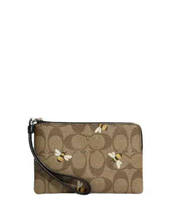 Coach Corner Zip Wristlet In Signature Canvas With Bee Print