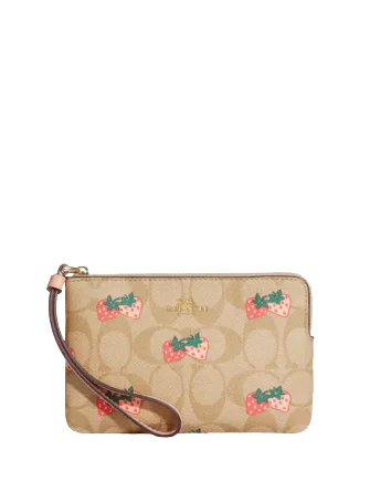 Coach Corner Zip Wristlet In Signature Canvas With Strawberry Print