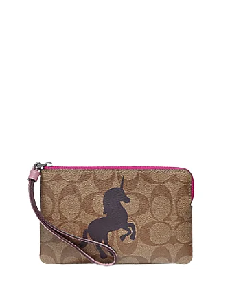 Coach Corner Zip Wristlet In Signature Canvas With Unicorn Motif