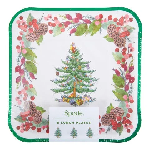 Holiday Evergreen Tree Spode Pine Cone Christmas Paper Lunch Plates 8 Count