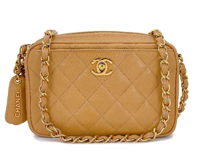 Rare Chanel Vintage Beige Caviar Mini Classic Clasp Camera Case Bag 24k GHW