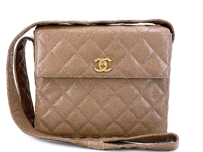 Rare Chanel 1996 Taupe Beige Caviar Quilted Box Camera Bag 24k GHW