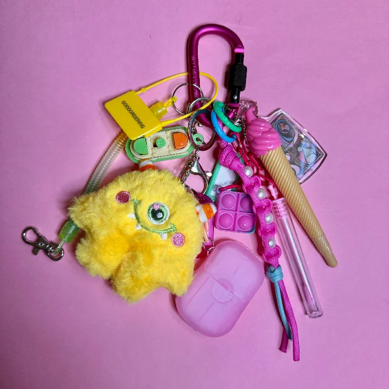 Bag charm and keyring monster yellow and pink