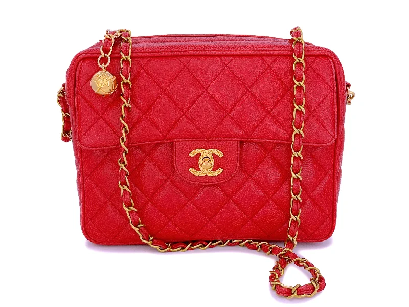 Chanel 1994 Vintage Red Caviar Small Flap Camera Case Bag 24k GHW