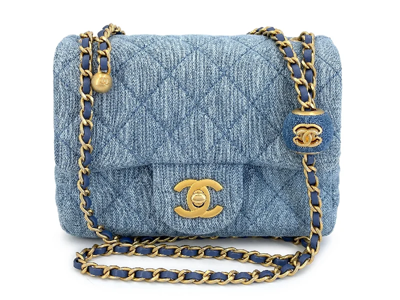 Chanel 22C Blue Denim Pearl Crush Square Mini Flap Bag GHW 93E