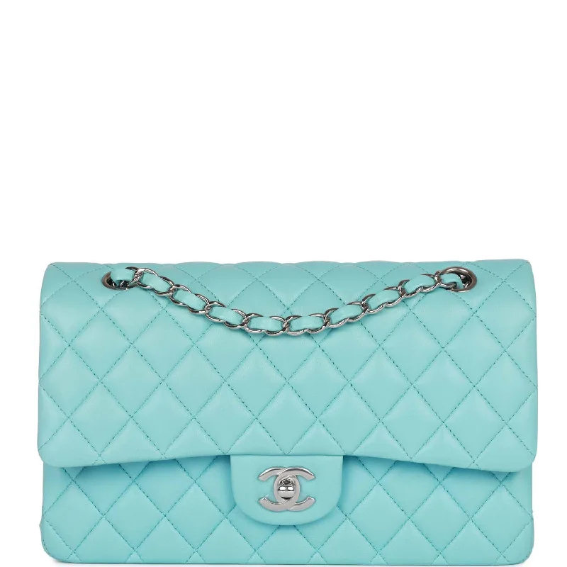 Chanel Medium Classic Double Flap Bag Tiffany Blue Lambskin Silver Hardware