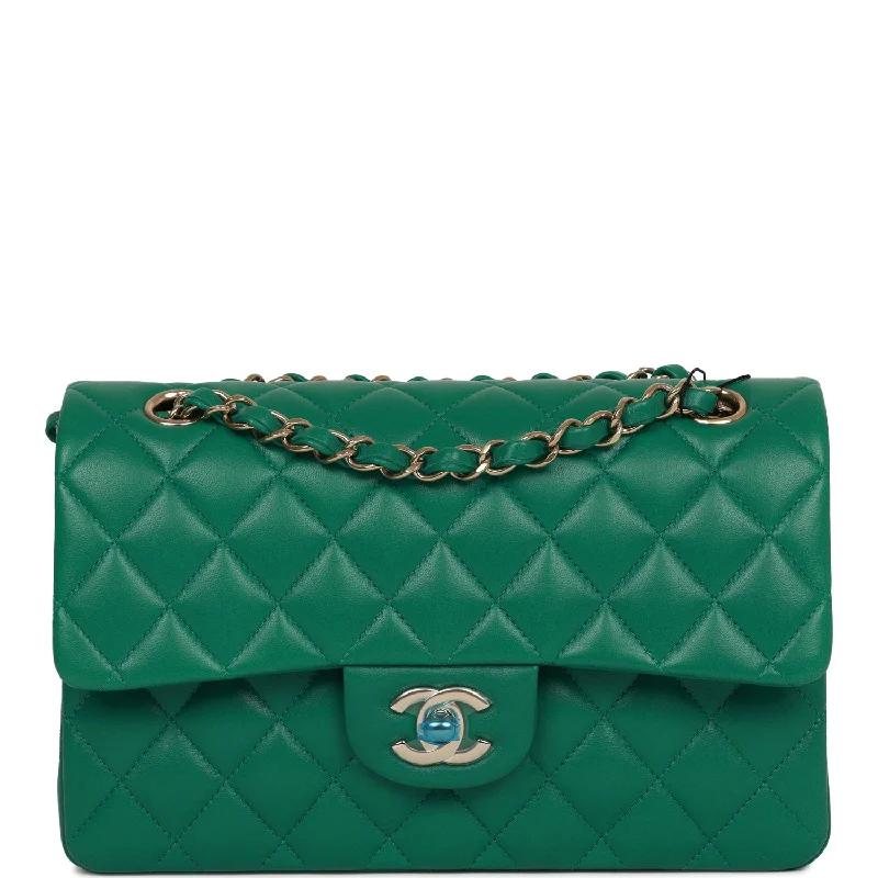 Chanel Small Classic Double Flap Bag Green Lambskin Light Gold Hardware