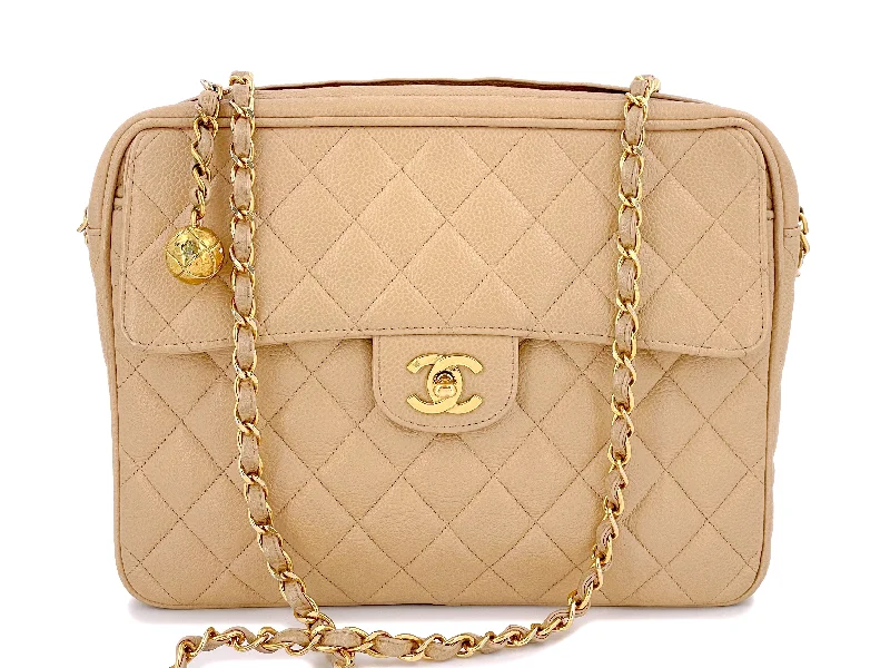 Chanel Vintage Beige Caviar Classic Quilted Flap Camera Case Bag 24k GHW