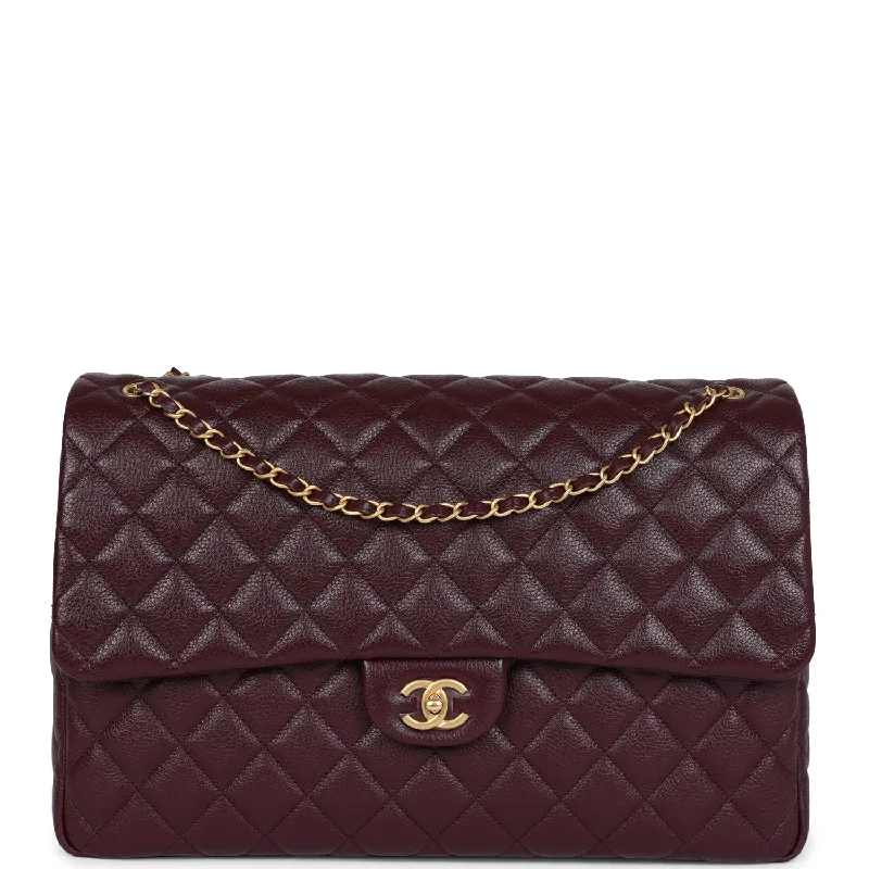 Chanel XXL Classic Single Flap Bag Burgundy Shiny Caviar Antique Gold Hardware