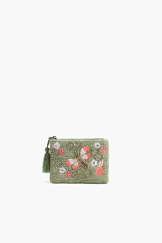 Olive Green Beaded Bee Embellished Mini Pouches