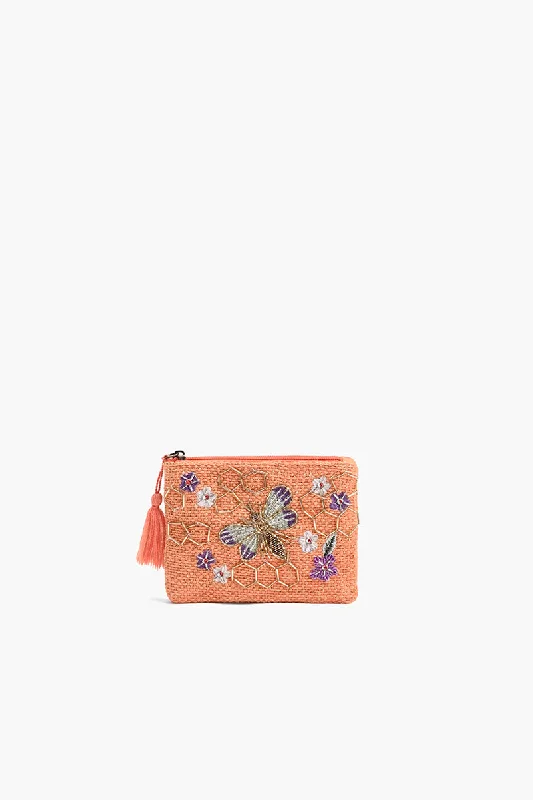 Orange Beaded Bee Embellished Mini Pouches